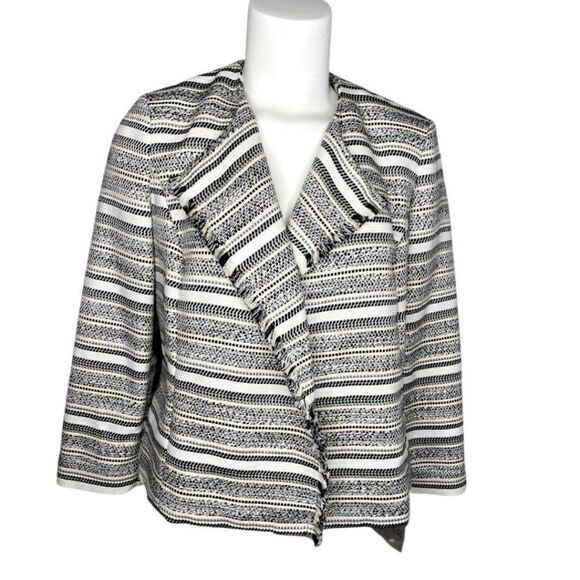 Kasper Blazer Jacket Petite Small Black White‎ Women's Tweed Jacquard Fringe NEW - Picture 1 of 8